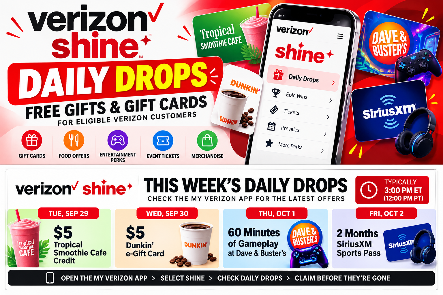 Verizon Shine Daily Drops weekly schedule with gift cards and customer perks