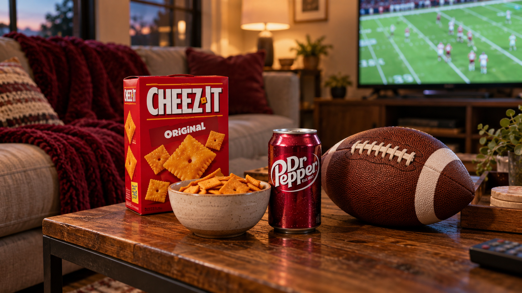 Dr Pepper and Cheez-It snacks on a coffee table beside a football during a game-day viewing.